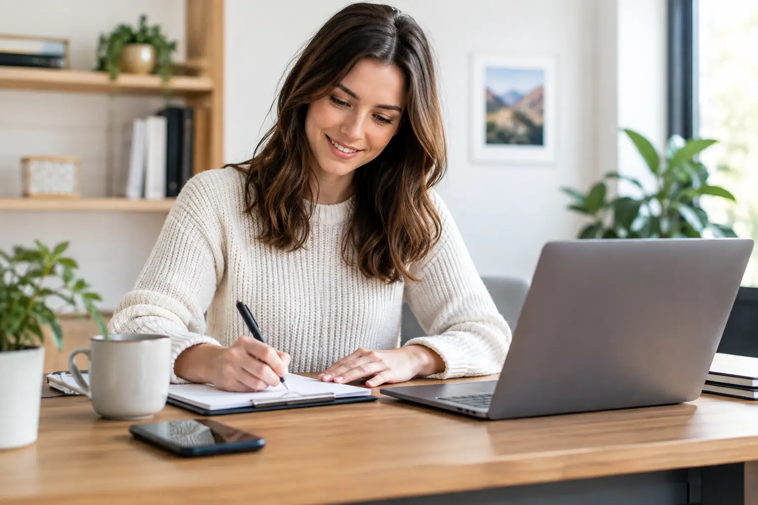 Homeowner reviewing a practical pre-listing home-selling checklist in a clean, prepared living room.