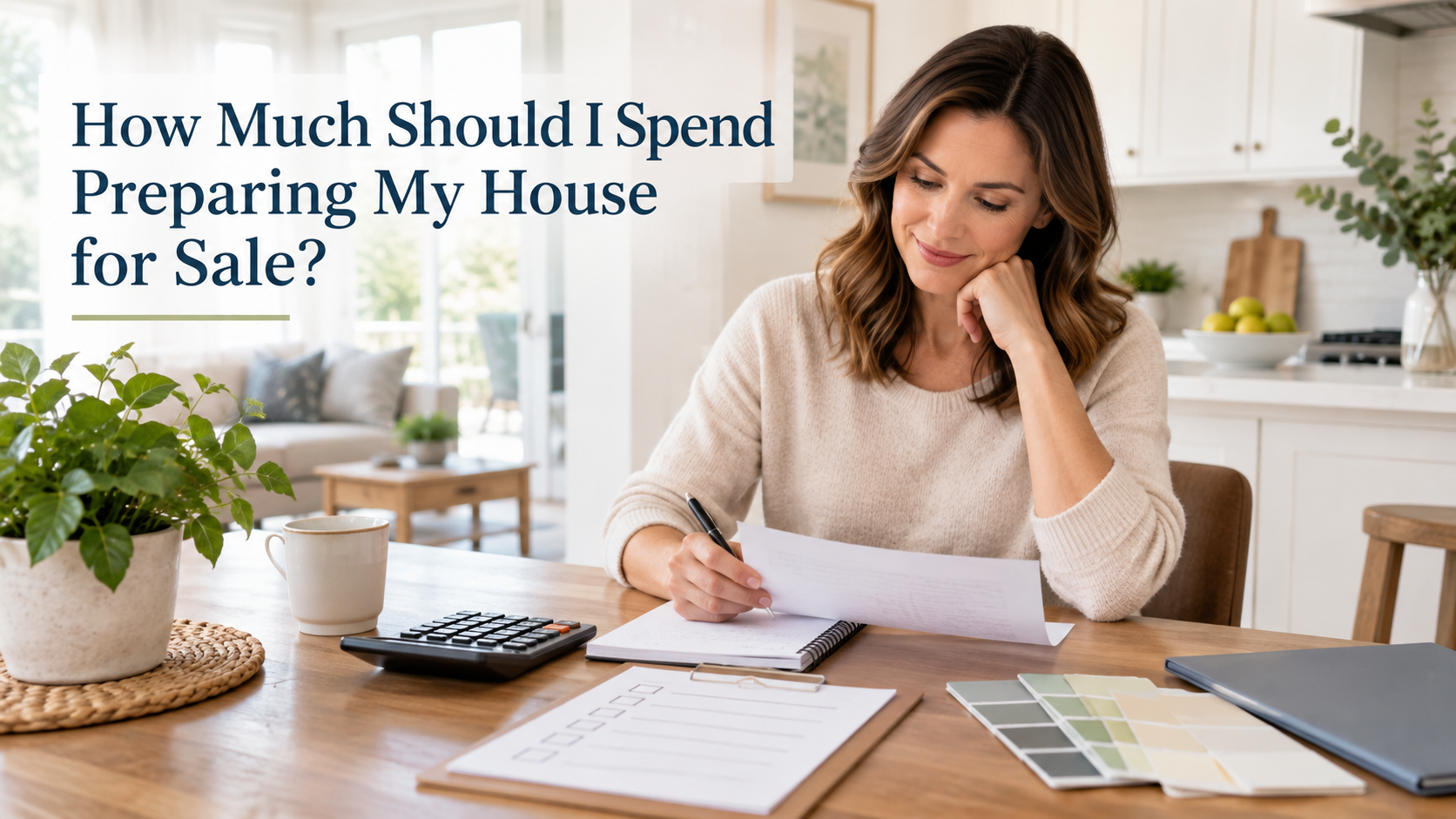 Homeowner reviewing a simple home-preparation budget and repair list before putting a house on the market.
