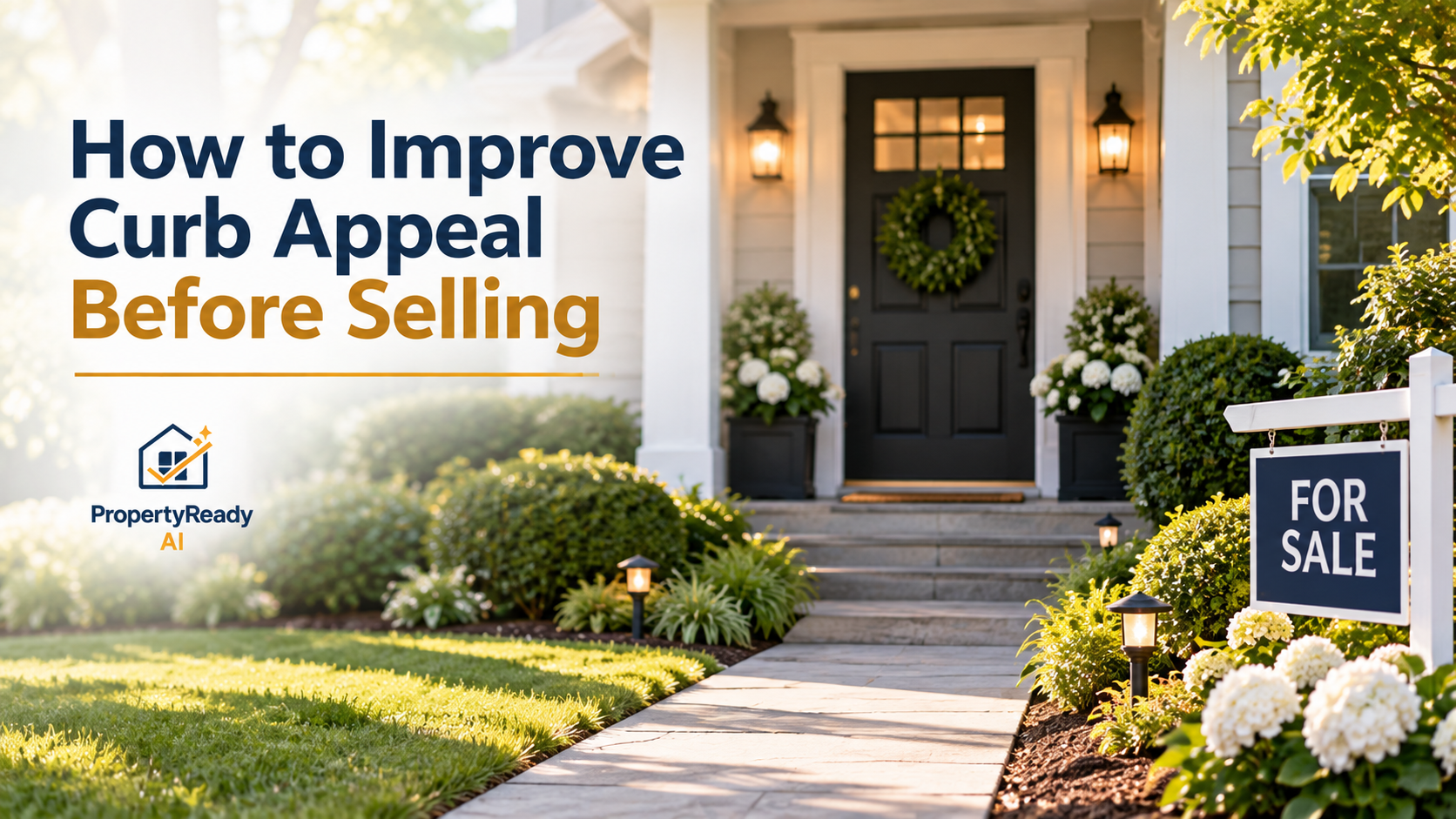 Well-maintained home exterior with a clean entry, trimmed landscaping, tidy walkway, and simple curb-appeal improvements before selling.