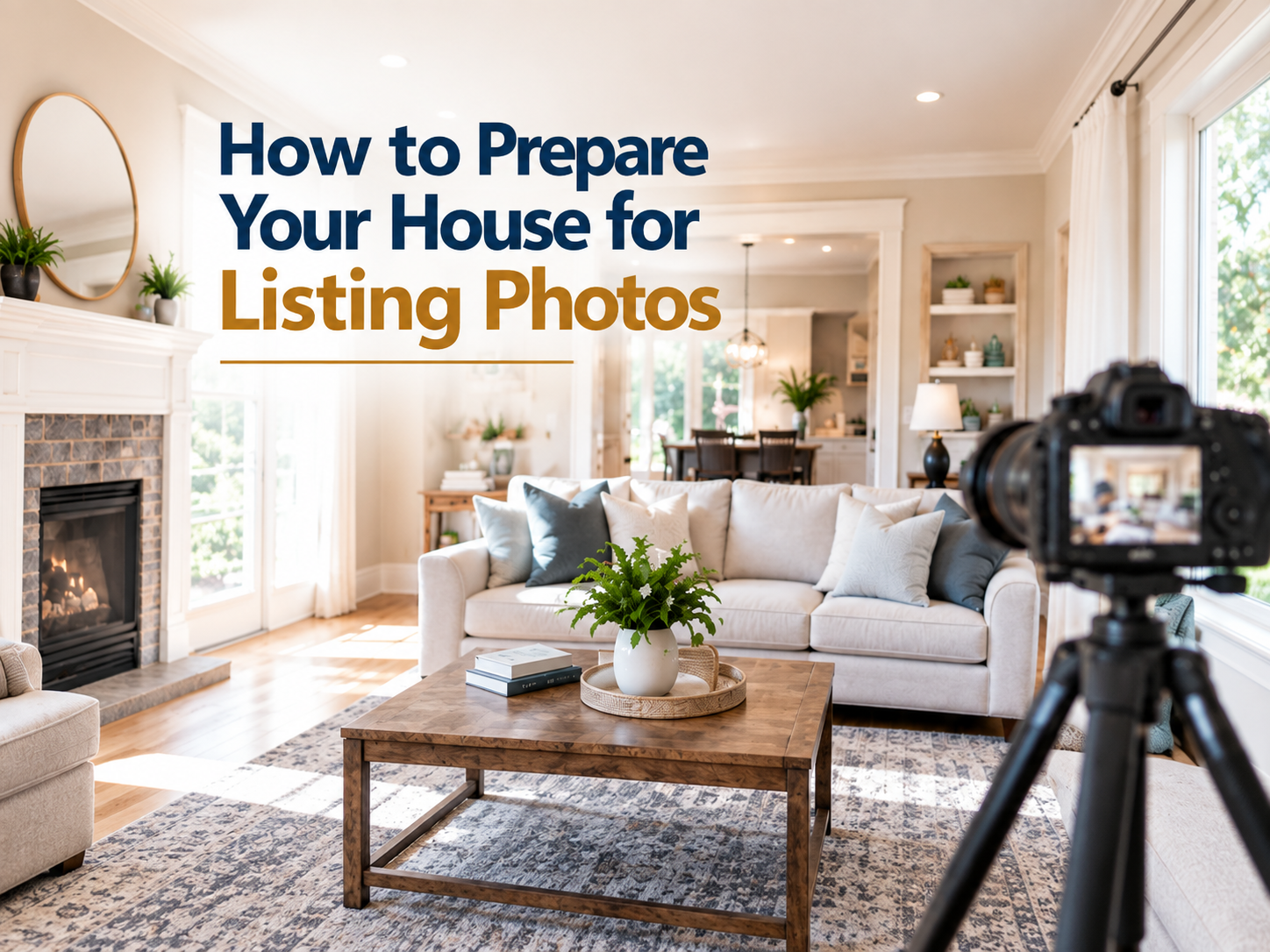 Homeowner preparing a bright, uncluttered living room for real estate listing photography.