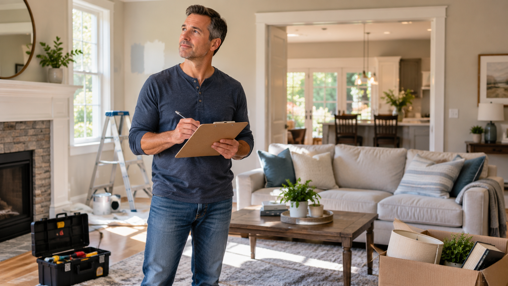Homeowner with a clipboard reviewing living-room repairs, with paint supplies, tools and moving boxes nearby.