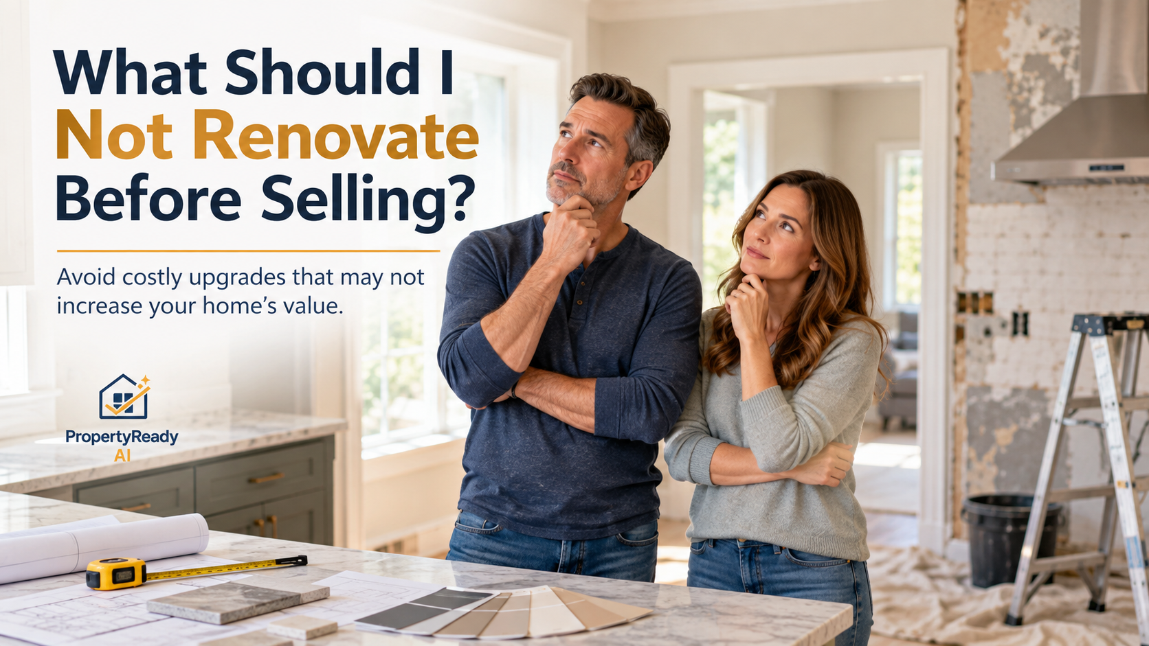 Homeowner considering renovation choices before selling a house, with a clean kitchen and simple home-improvement materials visible.